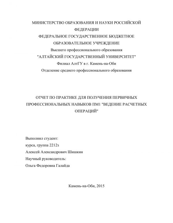 Титульный лист отчета по учебной практике по ведению расчетных операций